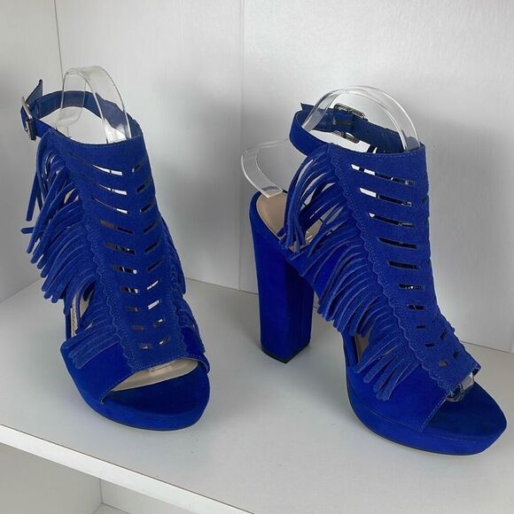 Cobalt Blue Suede Fringe Slingback Platform Sandals 7 - Picture 1 of 13